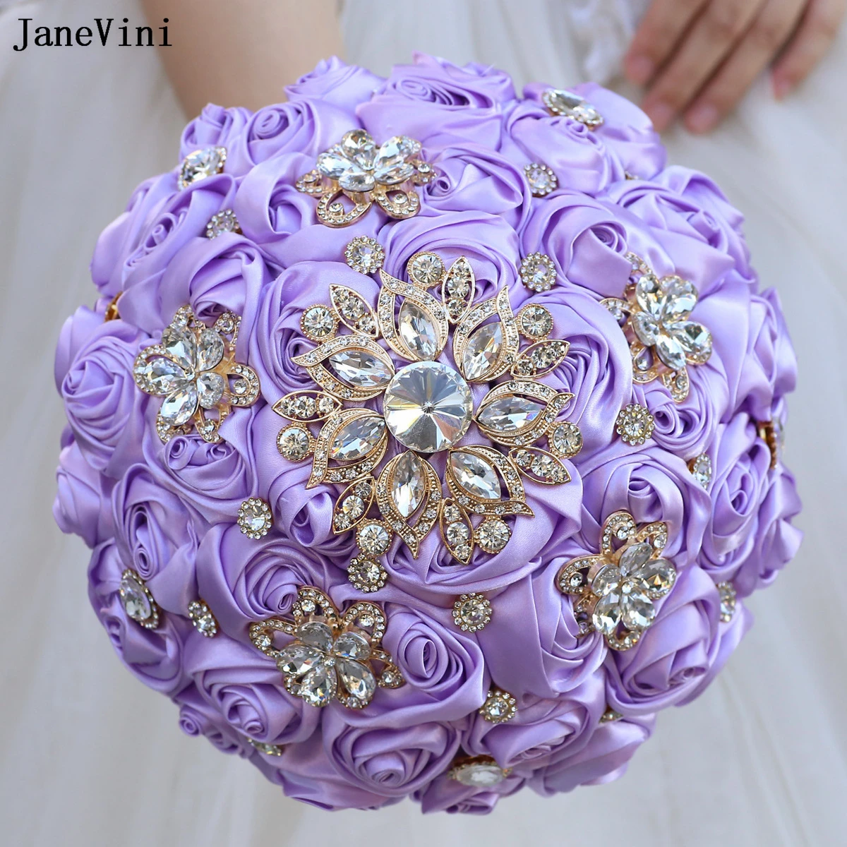 JaneVini Luxury Light Purple Bridal Brooch Bouquets Bling Gold Rhinestones Artificial Satin Roses Jewelry Wedding Flower Bouquet