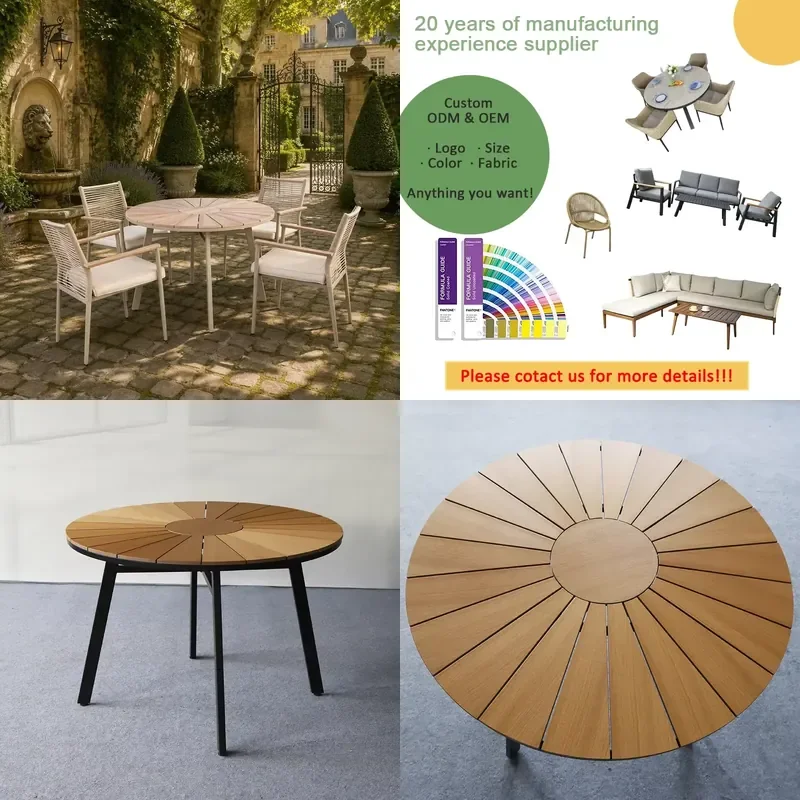 for Deluxe Outdoor Dining Table Set of 5 with Hand Woven Armchairs Wooden Decorative Armrests Round Slatted Table for