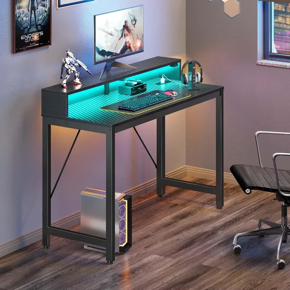 Computer Desk 39 inch with LED Lights & Power Outlets, Home Office Desk with Monitor Shelf, Gaming Desk, Writing Desk