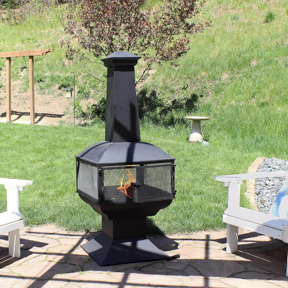 57-Inch Black Steel Chiminea with Log Grate, Cover, and Poker - Protective Mesh Screen - 360-Degree Fire View,Fire Pit