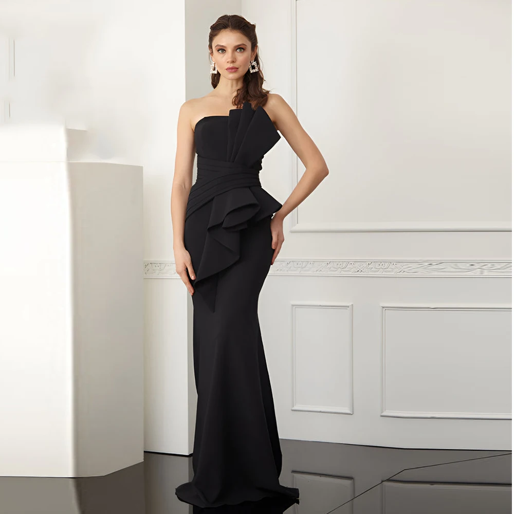 

Elegant Black Mermaid Sweep Train Evening Dress Modern Pleats Zipper Back Floor Length Strapless Jersey Sleeveless Party Gowns