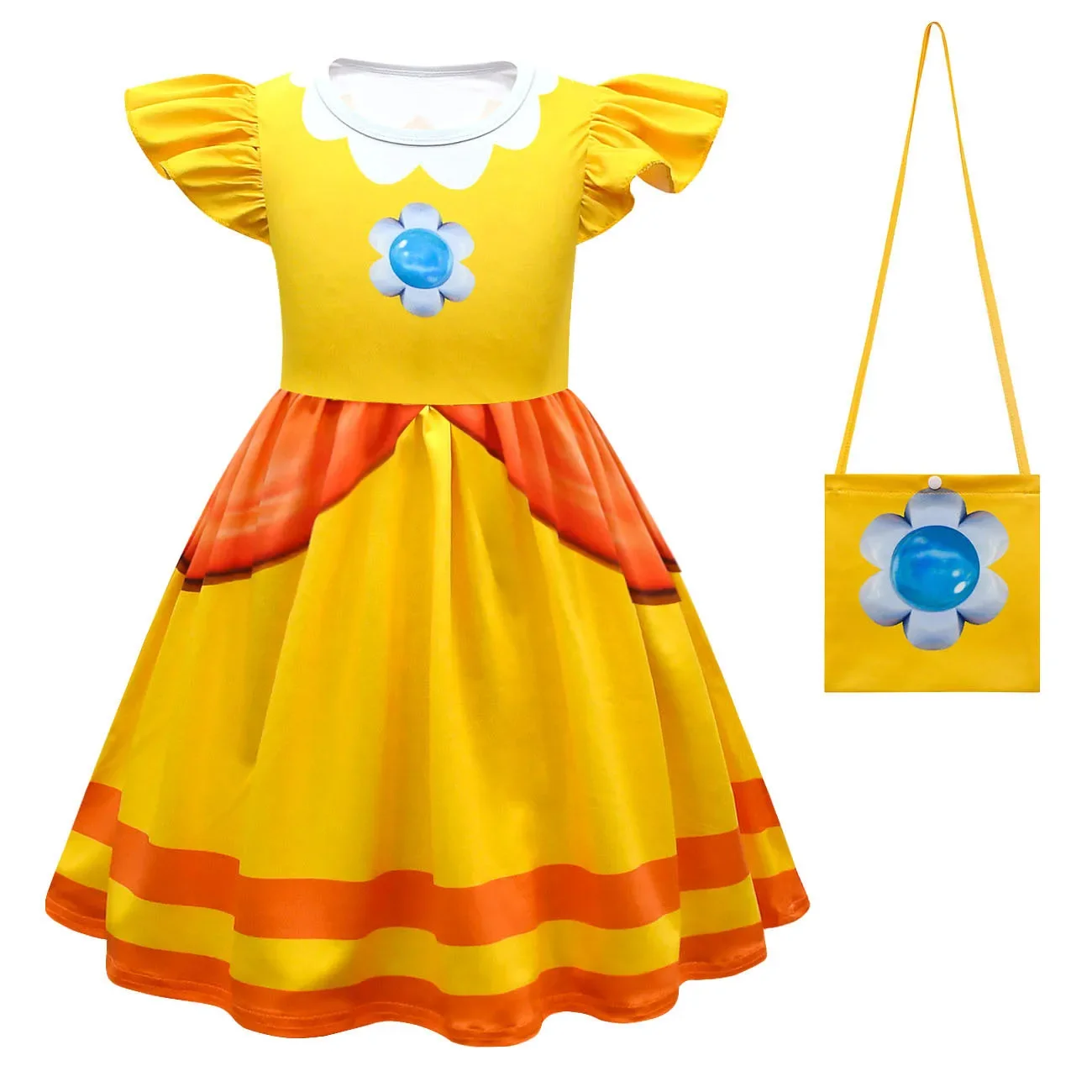 Kids Anime Cartoon Print Princess Peach Ruffle Dress Bag Set Outfit for Girls Christmas Halloween Cosplay Costume