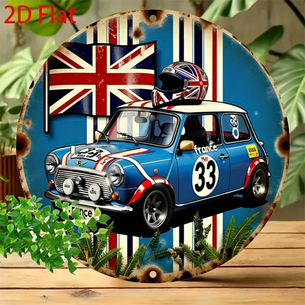 Vintage British Racing Car & Union Jack 2D-Flachschild – 1 Stück 7,87 Zoll runde Aluminiumkunst, Nachahmung von Reliefdesign, Dekor für Männerhöhle