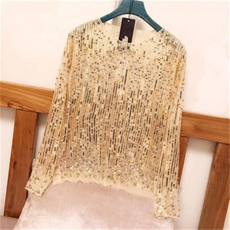 Woman Sexy Long Sleeve Perspective Gauze Mesh Lace Shirt Sequined Bead Embellished Blouse Top Shiny Transparent Luxury Party