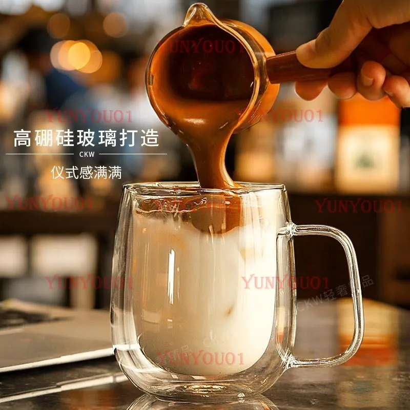 Double Layered Water Cup with Heat-resistant and Heat-resistant Handle, High-value Glass Coffee Cup for Household Use