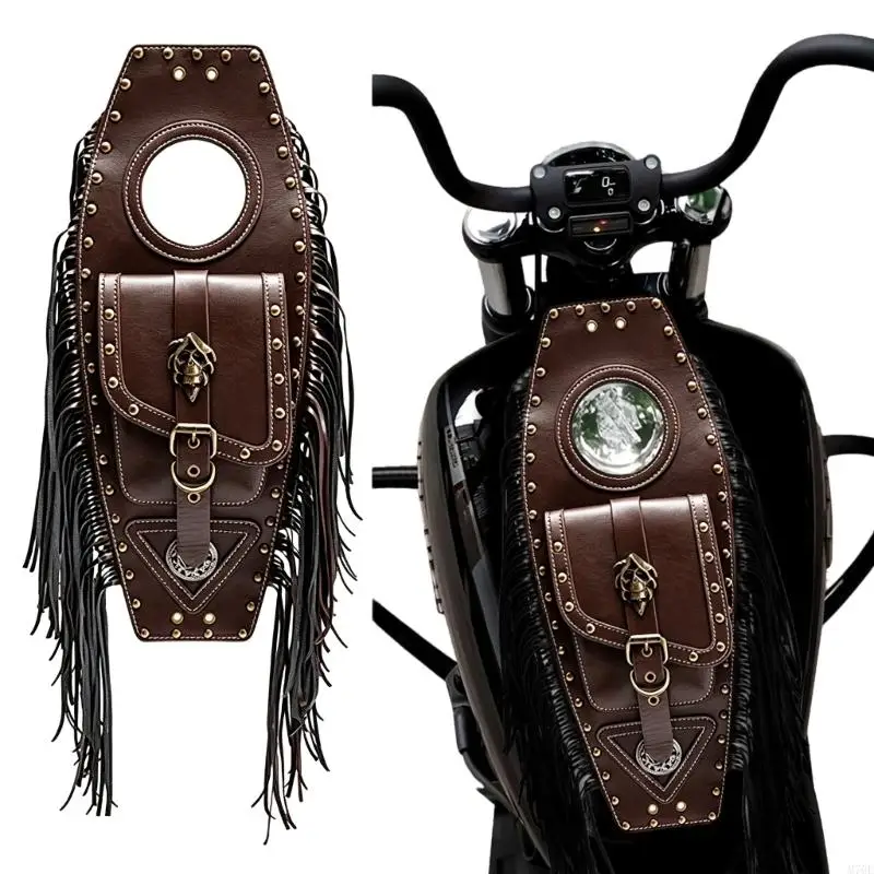 Bolsa depósito para motocicleta M76E, bolsa estilo ataúd marrón con flecos y bolsillo para uso diario