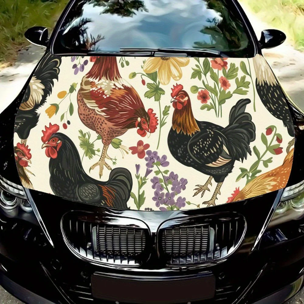 

A Flock of Chickens Standing Among the Flowers Car Hood Vinyl Wraps Sticker, Car Engine Decal, Waterproof Self-adhesive Car Pack