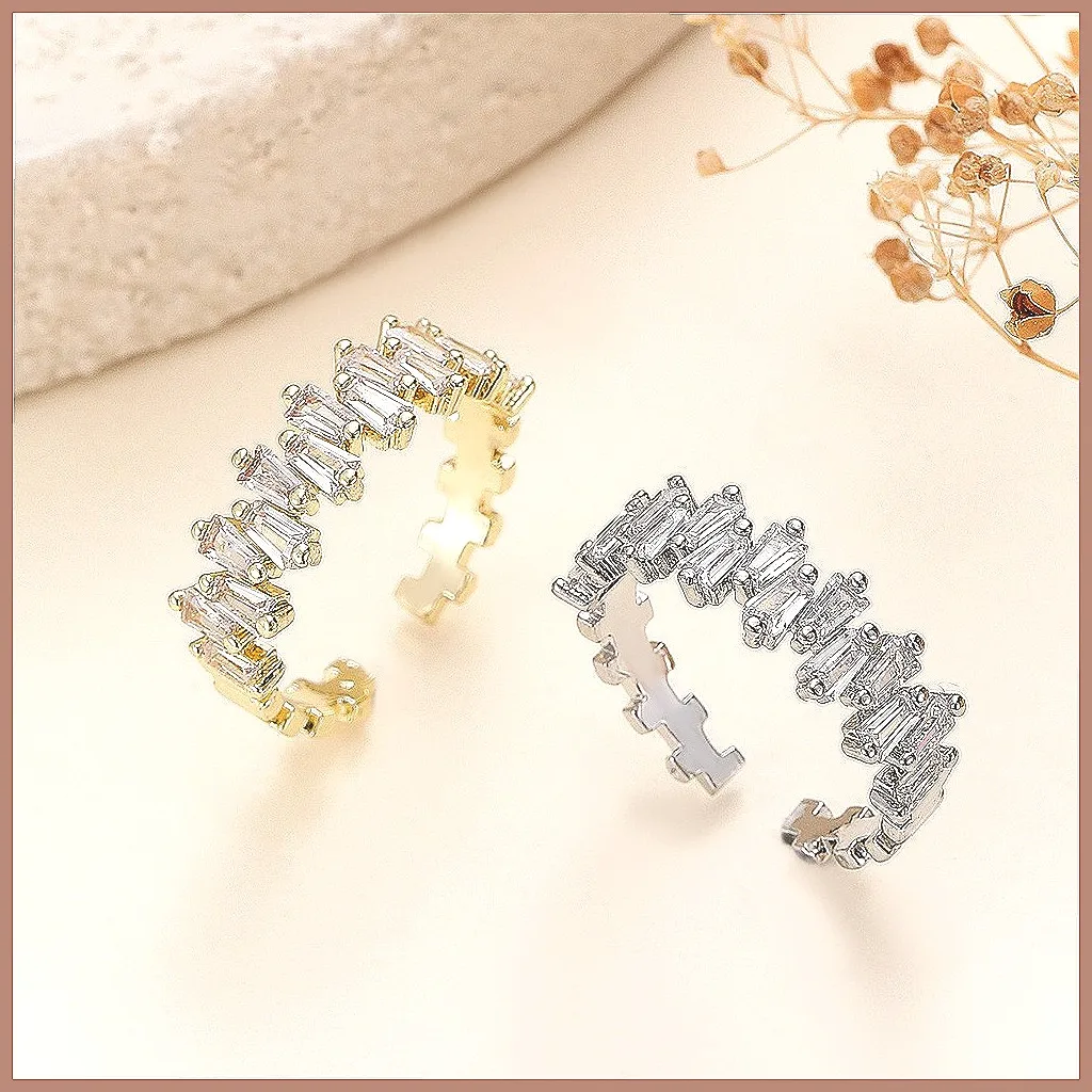 European American Ins Square Zircon Open Ring, Fashion Simple Flash Geometric Irregular Index Finger Ring for Women