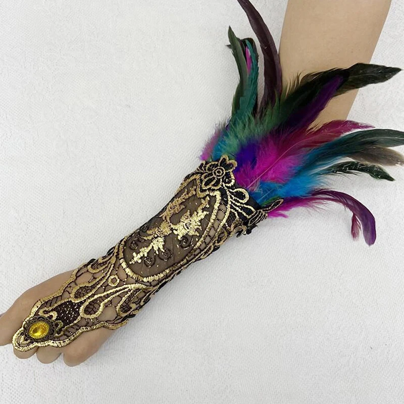 Gothic Feather Gold Lace Long Glove Bracelet Women Party Sexy Fingerless Gloves Exaggerated Lace Fishnet Gloves Accessories