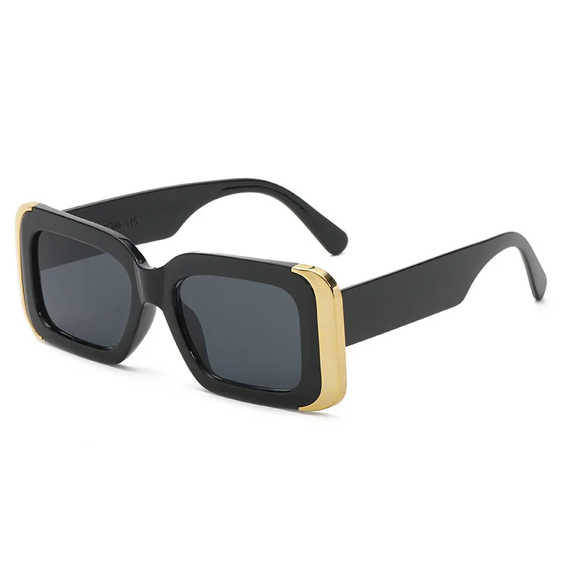 Vintage Rectangular Male Female Sunglasses Black Thick Frame With Gold DecorationUV400Protection Eyewear for Beach Travel Street
