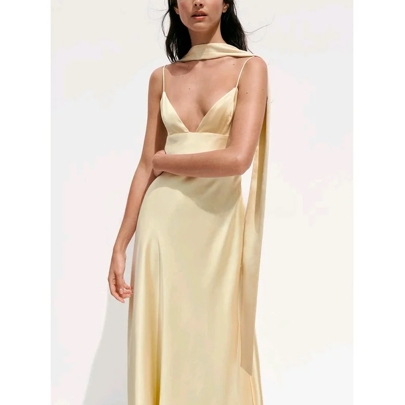 Ele Vita alta Raso di seta Lungo Dr Summer Faion Bal Design da donna con nodo Sciarpa sottile V-Ne Svel