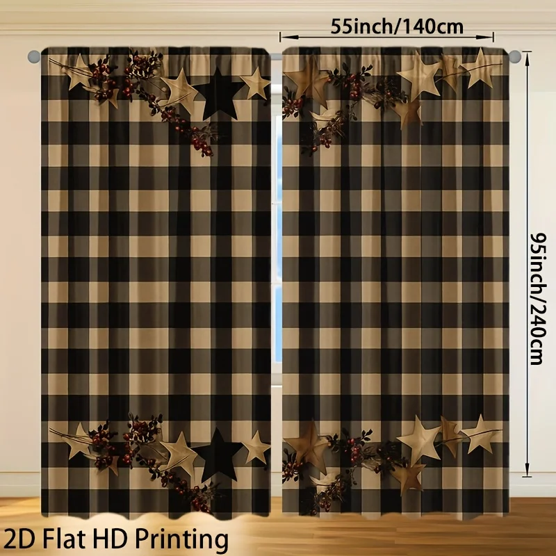 Elegant Black and White Plaid Curtain Panels with Star and Floral Embellishments for Living Room Home Decor