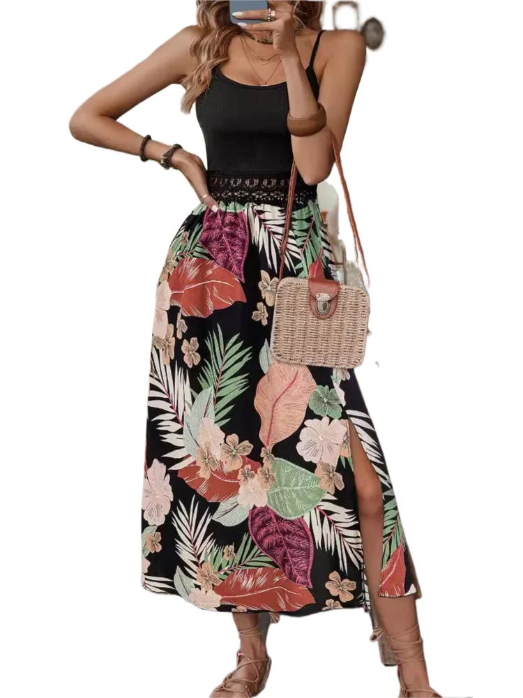 

Fashion Lace Splicing Print Spaghetti Strap Dresses Women Casual Commuting Vacation Style Backless Slit Dress Female New Vestido