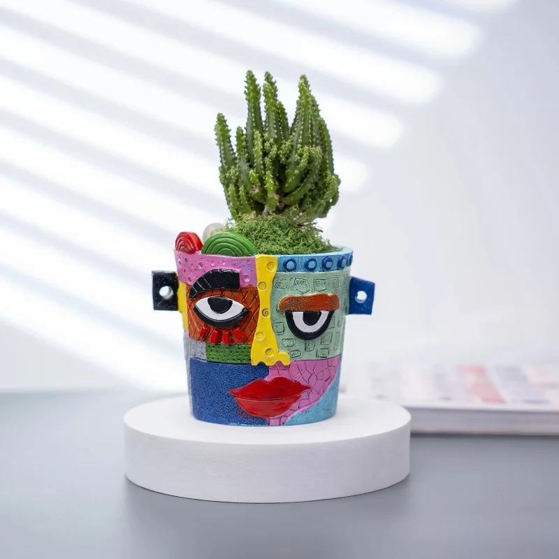 Picasso Style Abstract Face Head Planter Pot Brutalist Colorful Art Flower Container Home Desktop Ornament Decoration