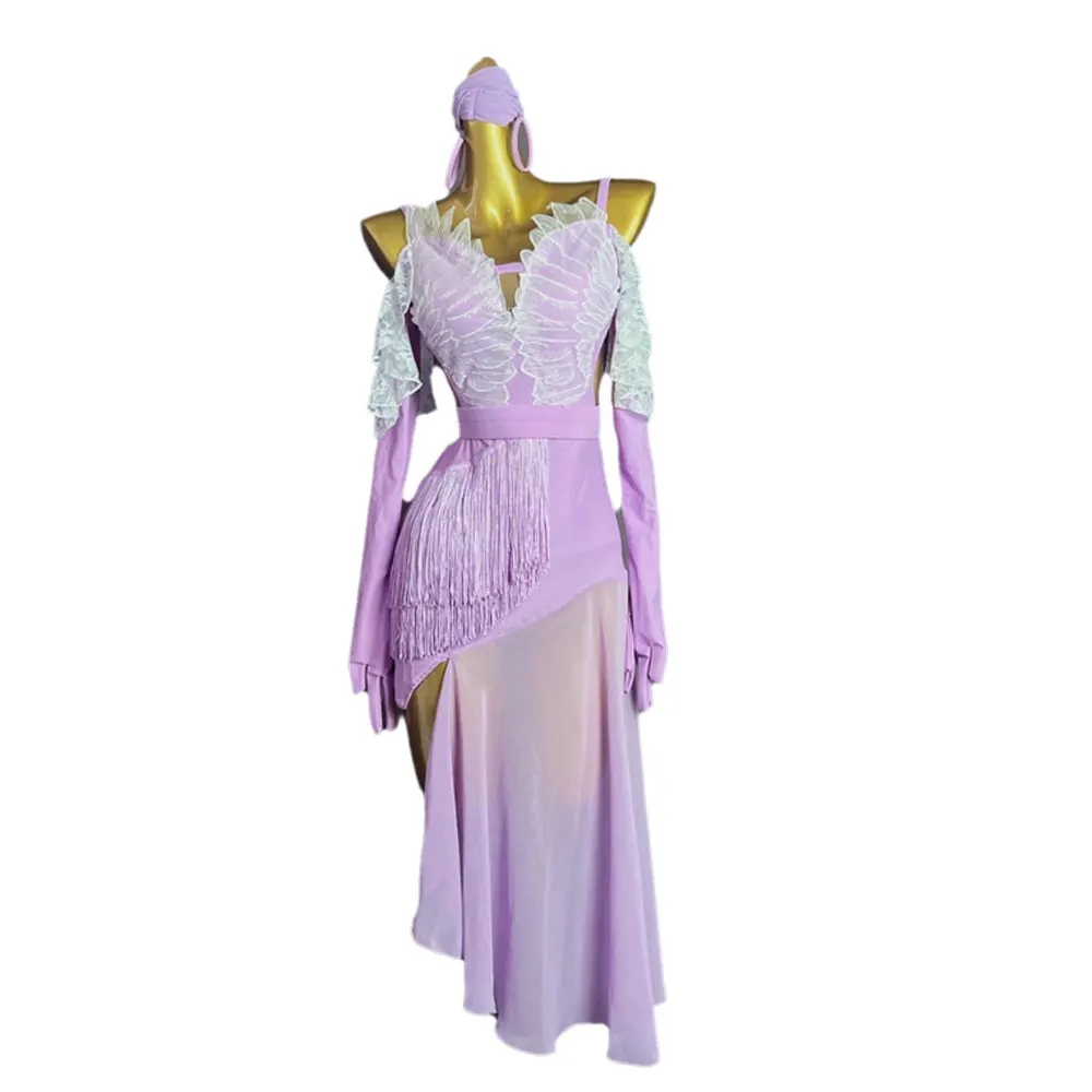 Latein-Tanzkleid, hochwertiges, individuelles Spleißnetz, Feder-Quasten-Hosenträger, Tango, professionelle Bühnenkleidung für Kinder und Erwachsene