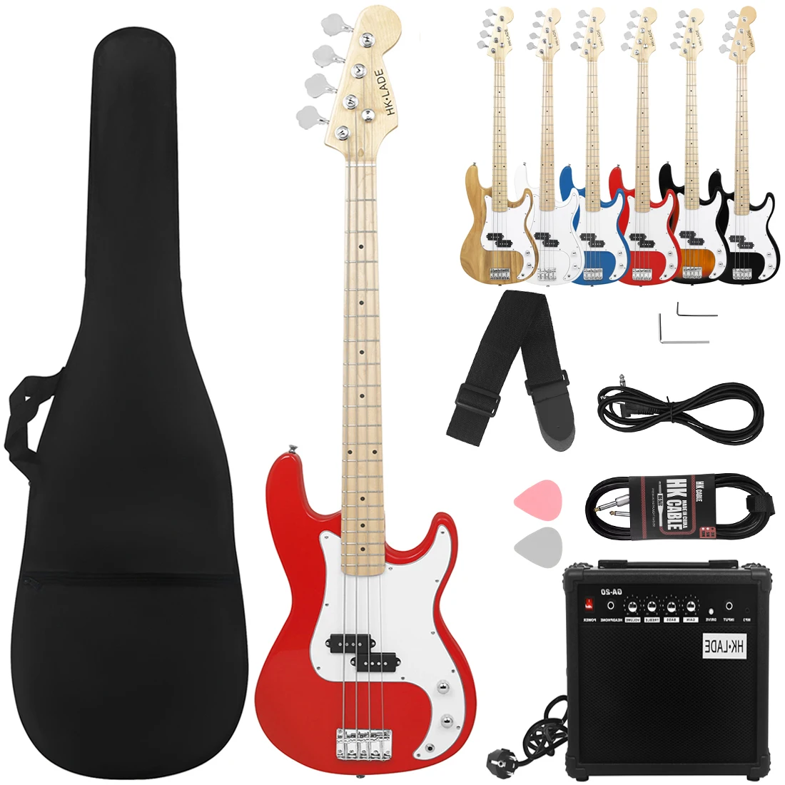 

Red HK-LADE Electric Bass Guitar Set HK-02 Maple Fretboard 20 Frets Bass Guitar Set with Bag Strap Amplifier Picks Accessories