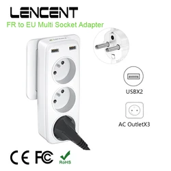 LENCENT FR to EU Multiple Wall Socket with 3 AC Outlets  and 2 USB Ports 6 in 1 Adapter  Overload Protection for Home/Office