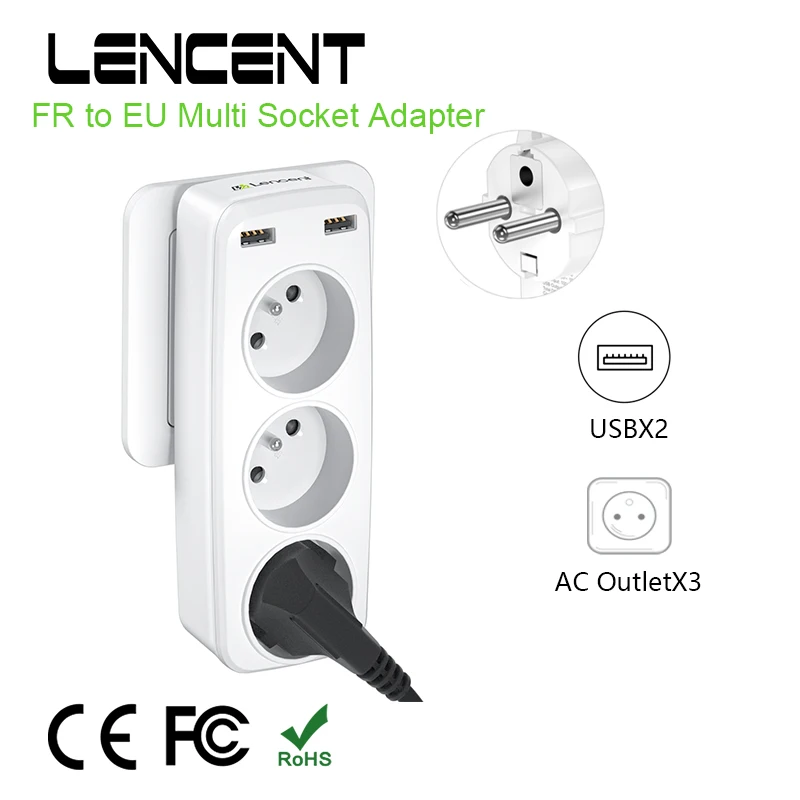 LENCENT FR to EU Multiple Wall Socket with 3 AC Outlets  and 2 USB Ports 6 in 1 Adapter  Overload Protection for Home/Office