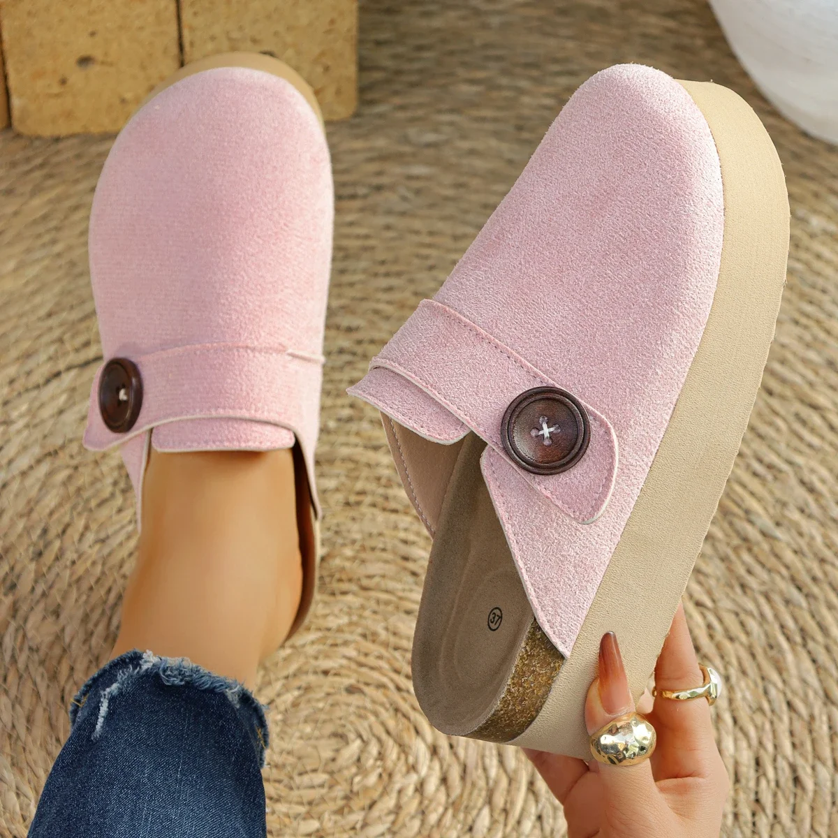 

Women Cork Slippers Fashion Mules Women Retro Slippers Clogs Slip-on Flat Designer Shoes Comfortable Beach Sandals Slide Women