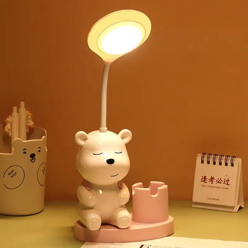 

Cartoon Table Lamp With Pen Holder Cute Bear LED Reading Lamp With 360 Degrees Gooseneck Eye-Caring Study Light Room Accessory