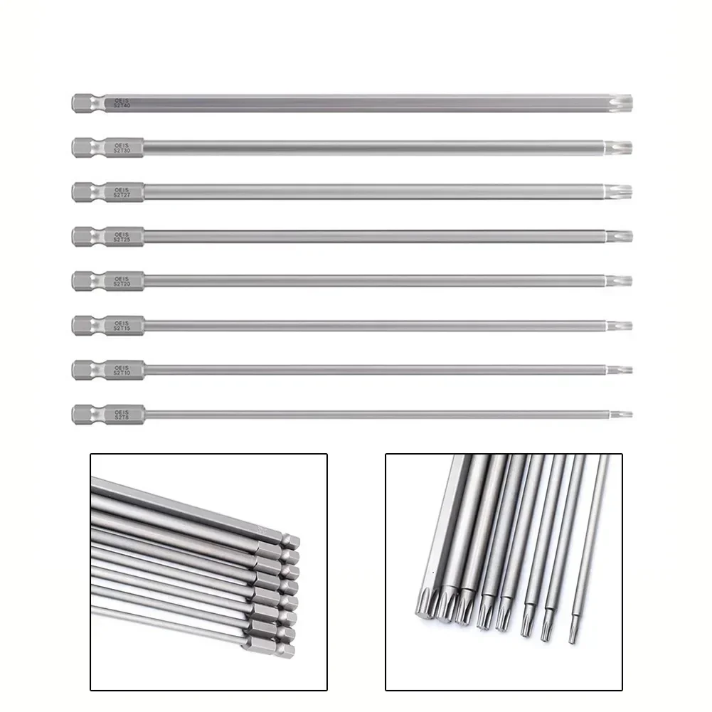 8Pcs 200mm Torx Head Screwdriver Bit Set Steel T8/T10/T15/T20/T25/T27/T30/T40 Long Drill Bits 1/4\