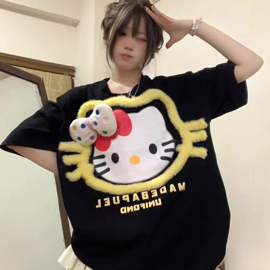 

Cartoon Hello Kitty Sanrio Cute Short Sleeved Internet Celebrity T-Shirt Loose Design Bow Couple Top Trendy Summer Kawaii Girl