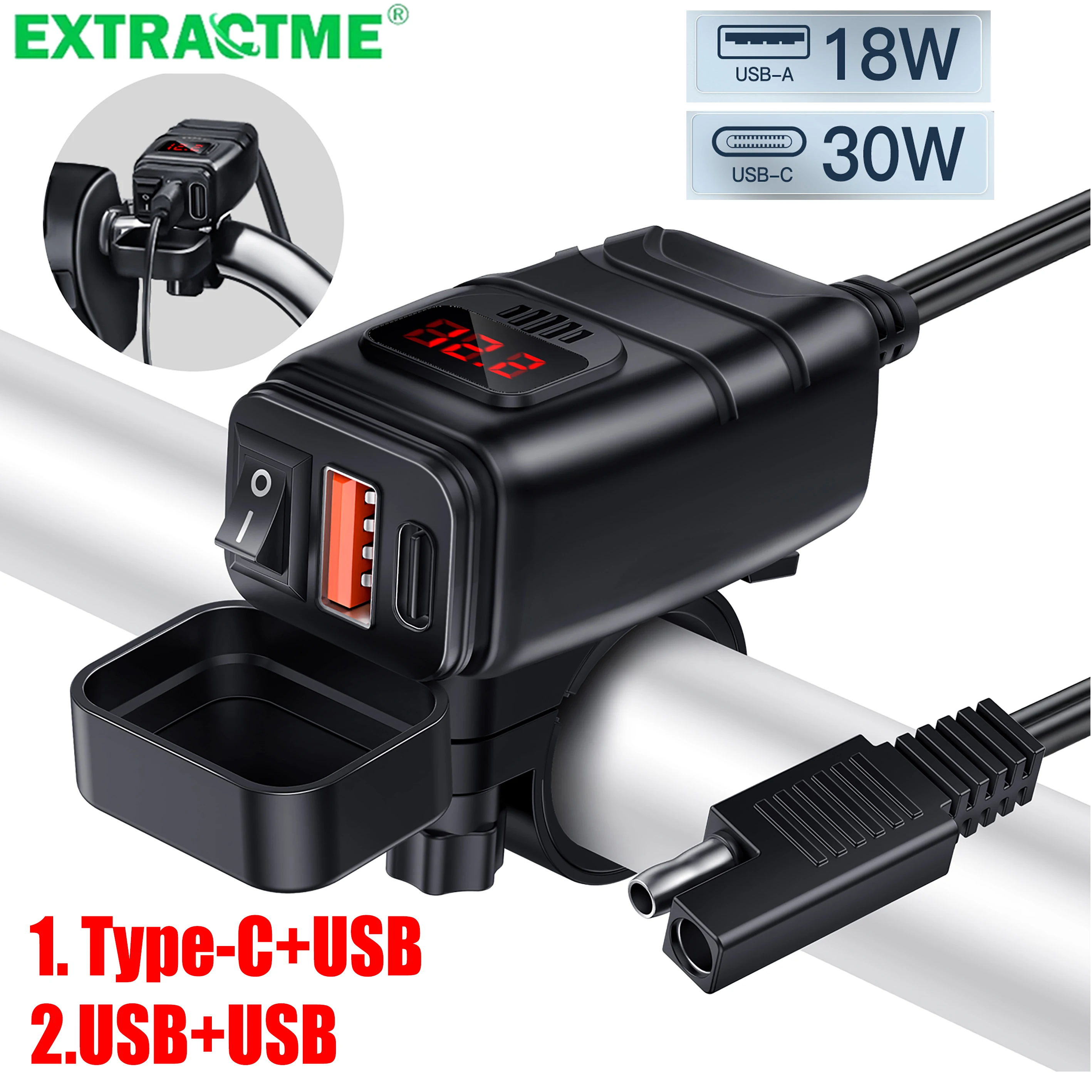 

Motorcycle USB Type-c Charger QC3.0 Handlebar Fast Charging Waterproof 12V Socket Adapter With Voltmeter Motorcycle Accessories