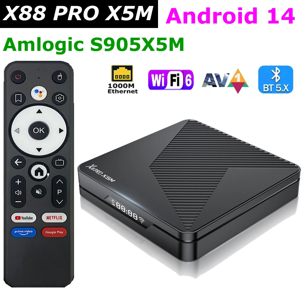 

X88 PRO X5M Android 14 TV BOX Amlogic S905X5M 4GB 64GB 1000M LAN Wifi6 4K 2.4G/5G Dual WIFI BT Voice Control Media Player
