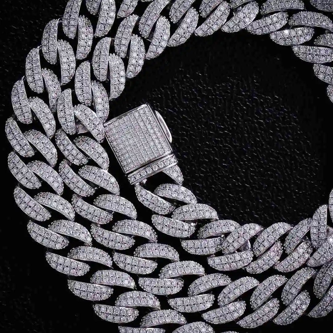 Popular Hot VVS Moissanite Cuban Link Chain for Men 2rows 10mm Wide 925 Sterling Silver Cuban Chain Hip Hop Necklace for Men.