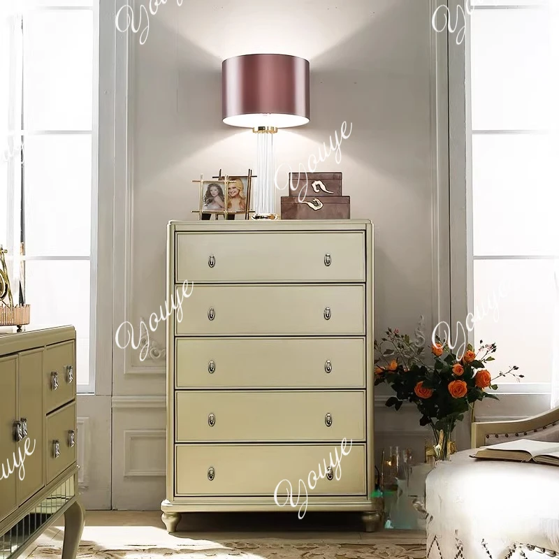 

Simple modern solid wood European style light luxury American small storage cabinet champagne gold belt drawer storage cabinet