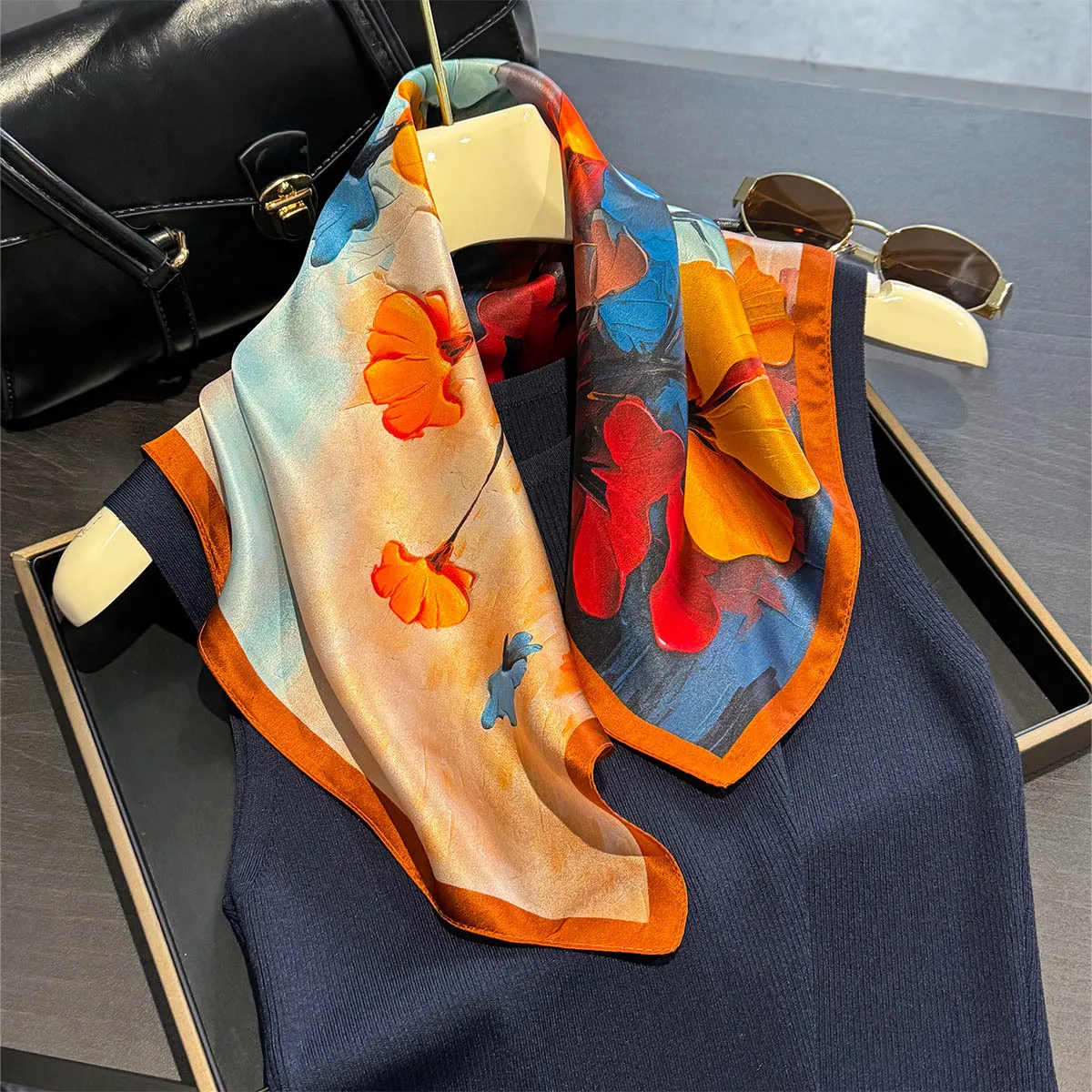 

100% Pure Silk Scarf Women Neck Hair Foulard Square Headband Scarves Bandana halstuch Hijab Print Poncho Scarves Pashmina 53cm