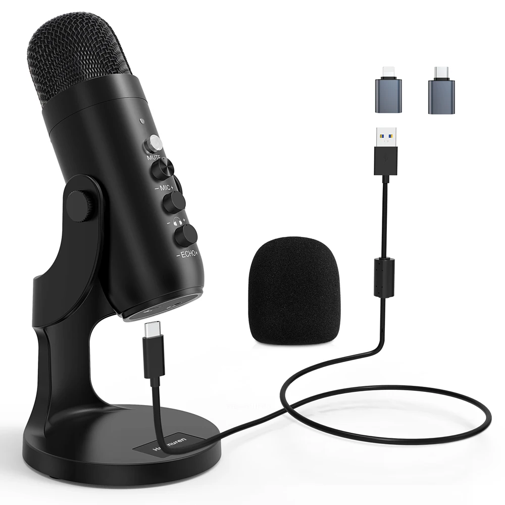 USB Microphone for PC Mac Gaming Recording Streaming Podcasting, Computer Condenser Mic with Phone Adapter Headphone Output