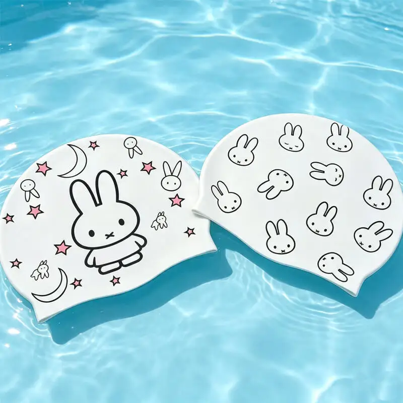 Cute Miffy Silicone Swimming Cap Waterproof Ear Protection Comfortable Elastic Bathing Cap Adult Pool Beach Sports Decor Gift