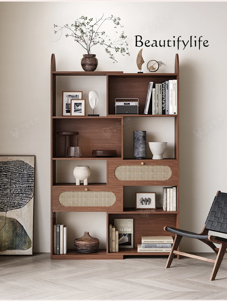 Medieval multi-layer bookshelf, living room corner bookcase, locker, integrated rotatable and retractable rattan rack against th