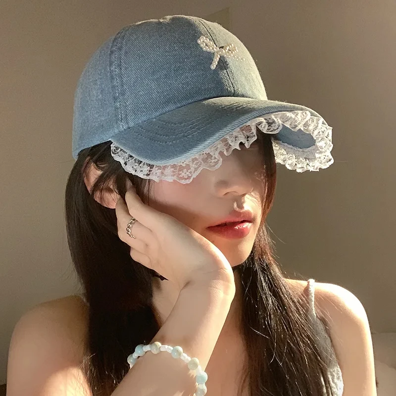 

Korean Version of Niche Lace Denim Baseball Cap Female Sweet and Cute Three-dimensional Pearl Bow Trendy Sports Hat Casquette