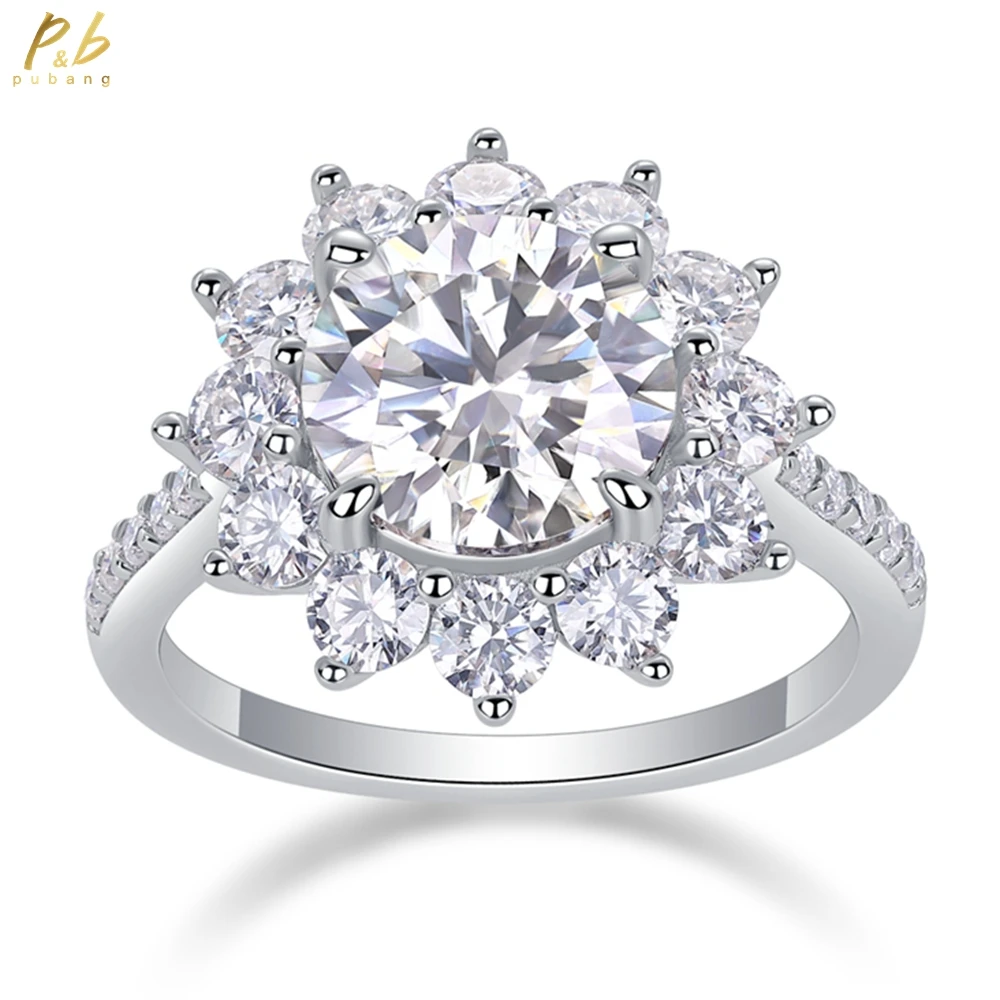

PuBang Fine Jewelry Стерлинговое Серебро 925 пробы 3EX VVS1 D Круглая огранка 9 мм Настоящее муассанит с бриллиантами и драгоценными камнями Цветочное обручальное кольцо для женщин