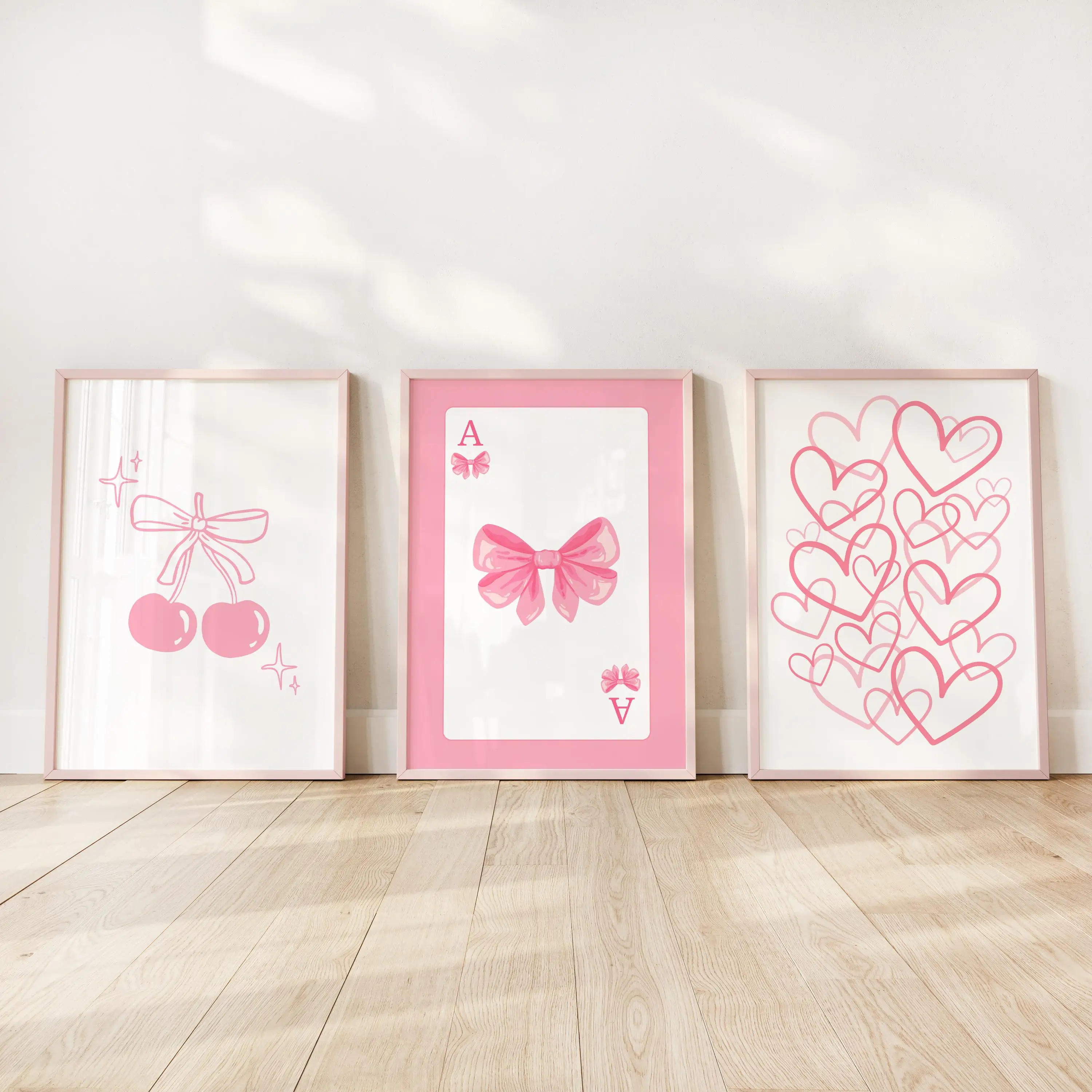 3PCS--3pcs Pink Playful Minimalist Bow & Heart Poster Set Modern Fashion Dorm Wall Decor Canvas Home Room Decor Valentine's D