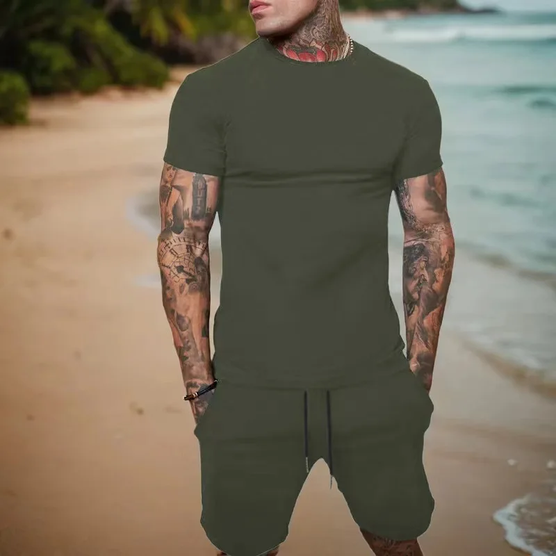 Fashionable Solid Color And Casual Summer Outdoor Sport Suit Men's Breathable T-shirt Shorts Casual Men's Clothing Two Piece Set