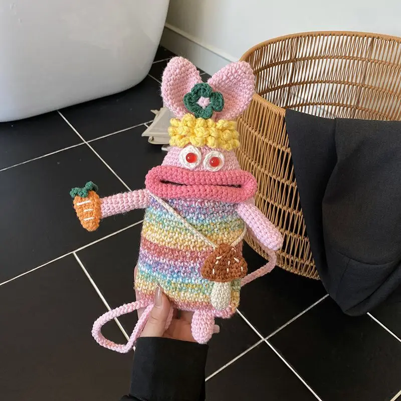 

JIAERDI сумка через плечо с большим ртом и кроликом, женская вязаная сумка через плечо ручной работы с цветными блоками, женская модная модная мультяшная химерная сумочка