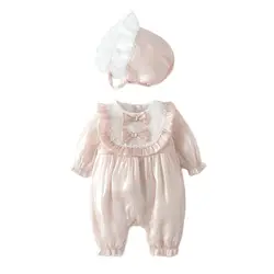 Spring Autumn Baby Girls Cute Pink Romper with Bonnet Hat Newborn Full Sleeve Jumpsuit Fashion Princess Bodysuits Clothes 6-18M