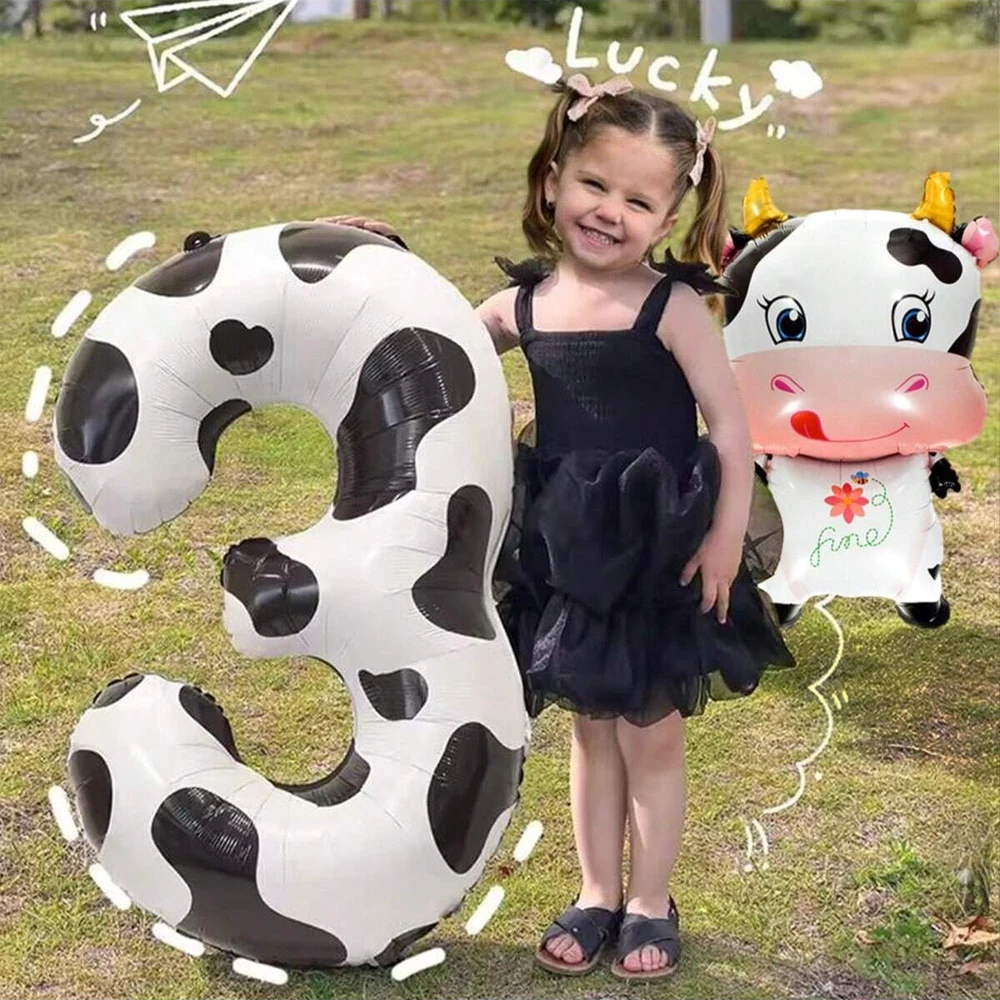 40 Inch Cow Number Balloon Set, Cartoon Animal Cow Balloons for Birthday Party Farm Barn Decoration Supplies