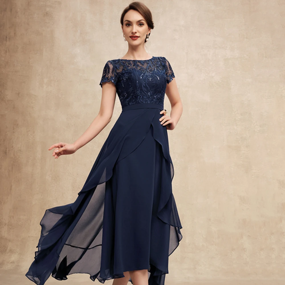 A-lijn Kant Applicaties Ruches Mom Jurken Classic Hals Enkellange Moeder Jurk Korte Mouw Chiffon Bruiloft Gast Gown