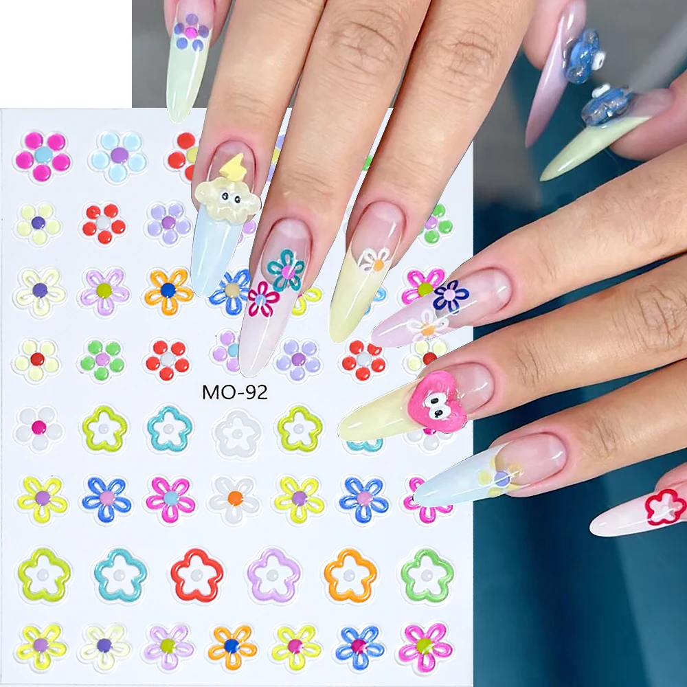 5D Embossed Flowers Nail Art Stickers Colorful Jelly Petal Stars Love Heart Nail Decals Dopamine Style Manicure Wraps LEBMO-92