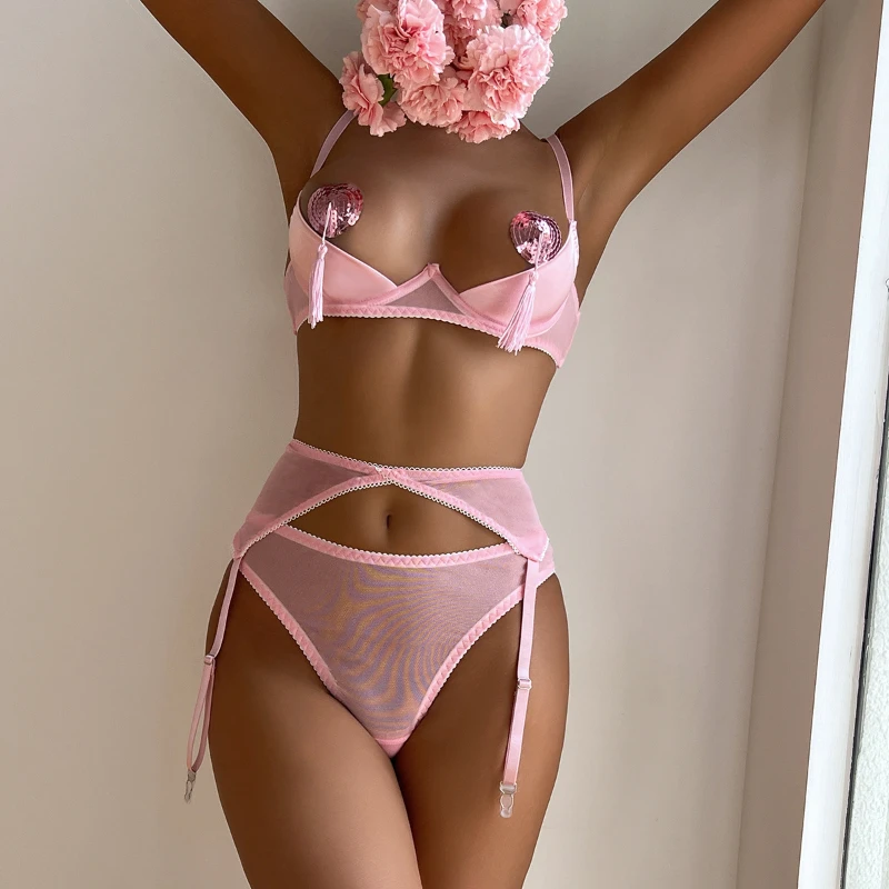 Bikini Fashion Sexy Lingerie Sexy Sexy See-through with Breast Pad Peach Hip Three-Piece Set for Women