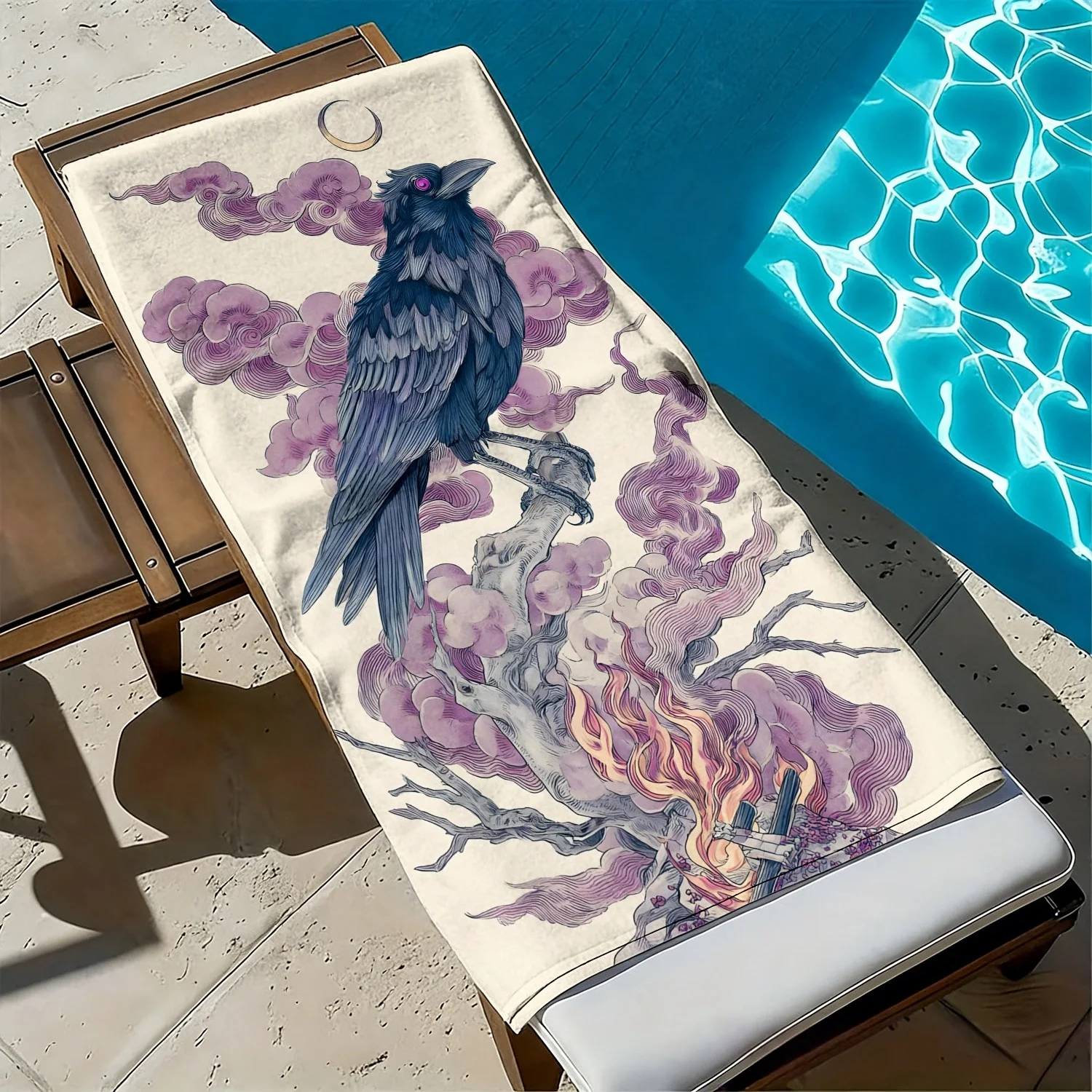 Crow's cloud and flame patterns polyester microfiber beach towel is highly absorbent, suitable for swimming and beach outings