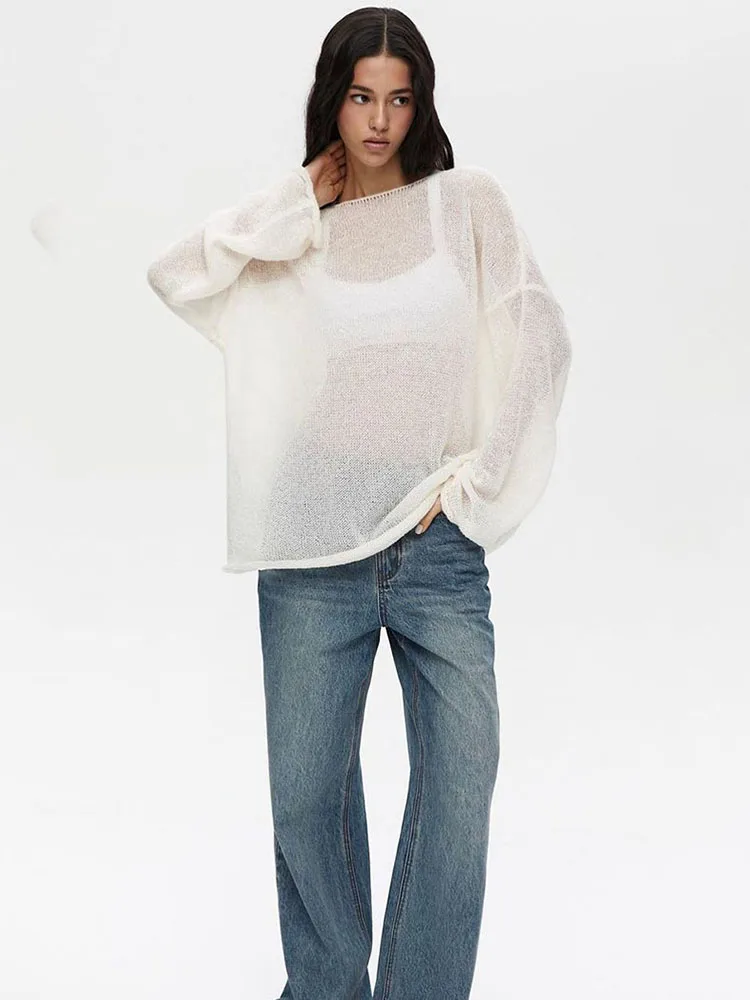 Tossy Knitted Hollow Sweater Pullover Women\'s Loose Long-Sleeved Fashion Solid Color Round Neck See-Through Street Top Pullover