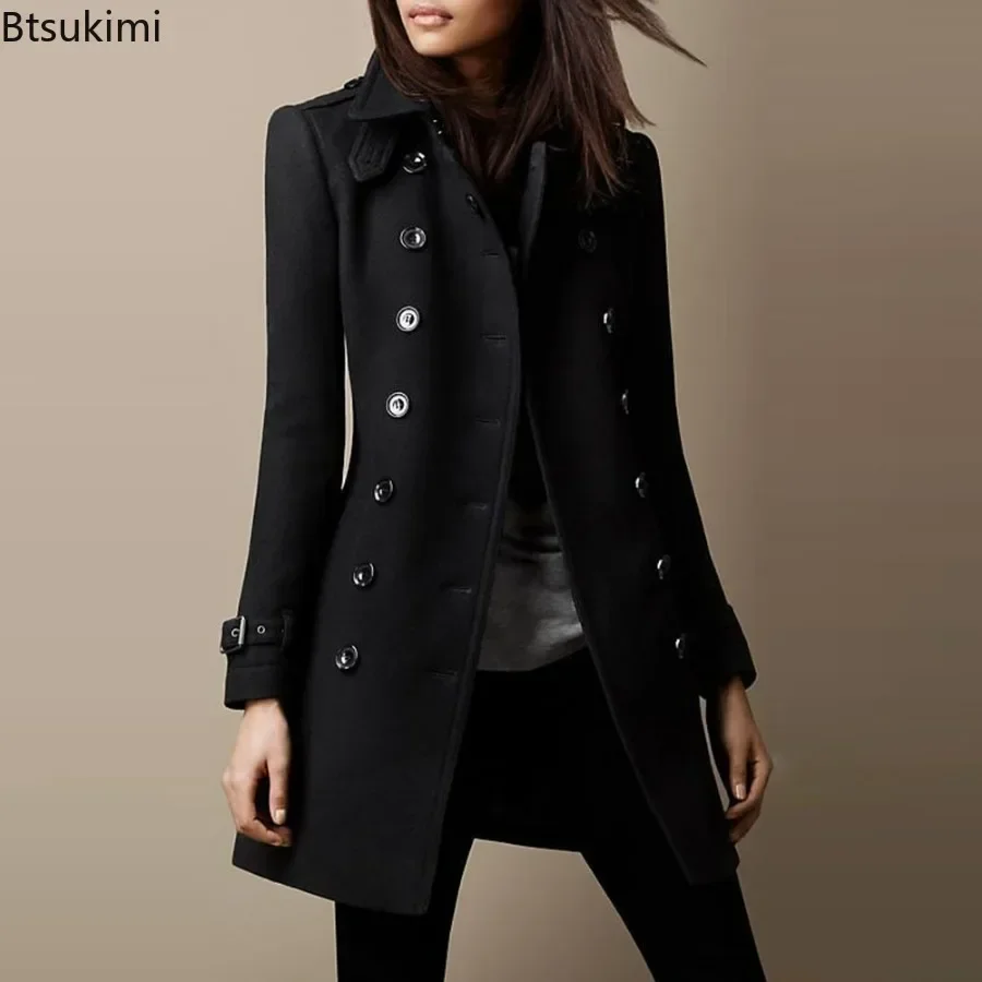 2024 Women's Thick Warm Coat Jacket Solid Slim Cardigan Jacket Turn-down Collar Female Long Sleeve Double Breasted Woolen Coat