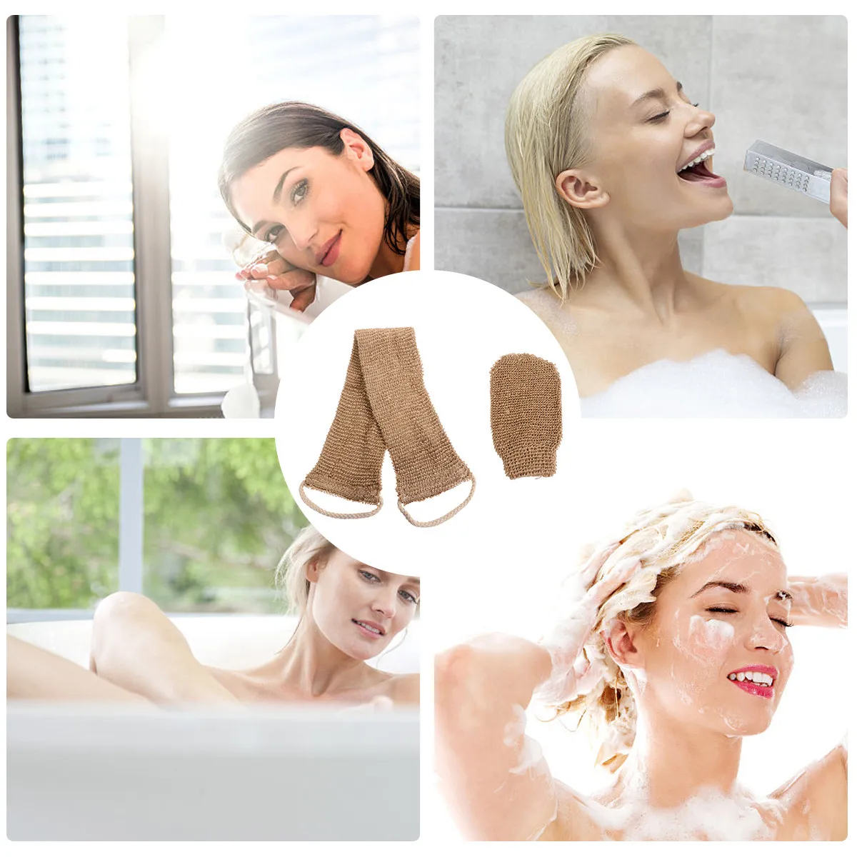 

2Pcs Brown Ramie Bath Gloves Back Scrubber Thickened Design Long Strap Exfoliating Foam Body Wash Strap Durable