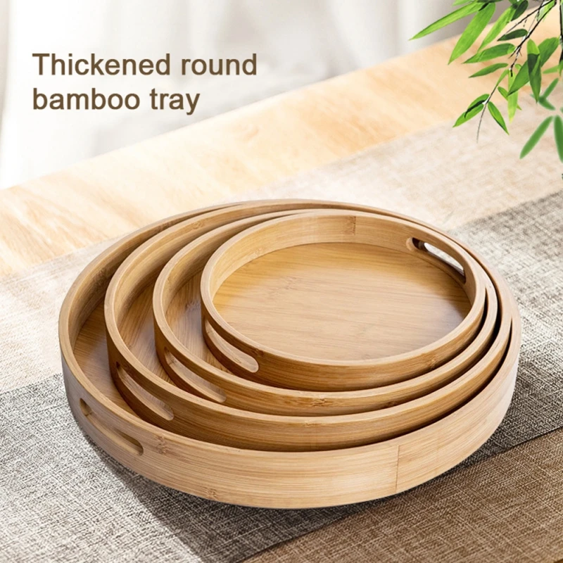 Bamboo Round Tea Tray Simple Wooden Storage Trays Hotel Home Breakfast Dessert Food Serving Tray Kitchen Supplies