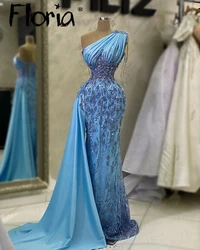 Floria New Blue One Shoulder Prom Dress With Satin Side Train 2024 Full Beaded Mermaid Tassel Evening Night Gowns Dubai Custom